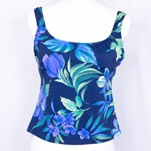Caribbean Joe Long Line Swim Top with Green & Yellow Floral Print on Navy Blue